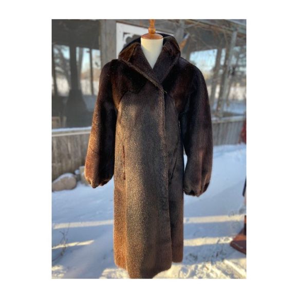 Vintage 50s Sheared Beaver Long Fur Coat Brown Balloon Sleeves Fuchsia Satin - Picture 3 of 16